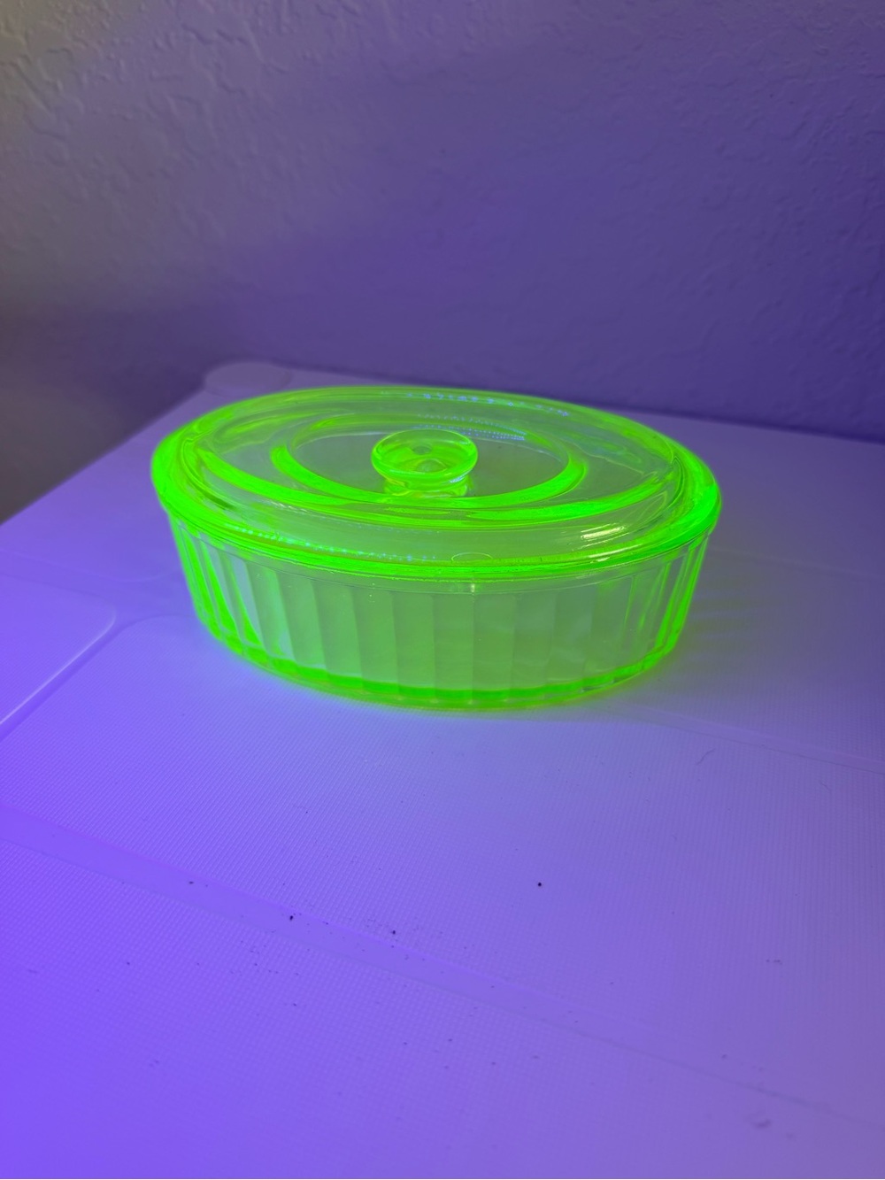 Vintage Green Uranium Glass Ribbed Oval Covered Butter Dish / Lidded Container